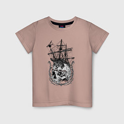 Футболка хлопковая детская The frigate and the Pirates Skull, цвет: пыльно-розовый