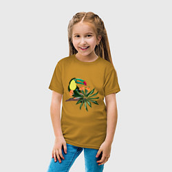 Футболка хлопковая детская Птица тукан с цветами и листьями, цвет: горчичный — фото 2