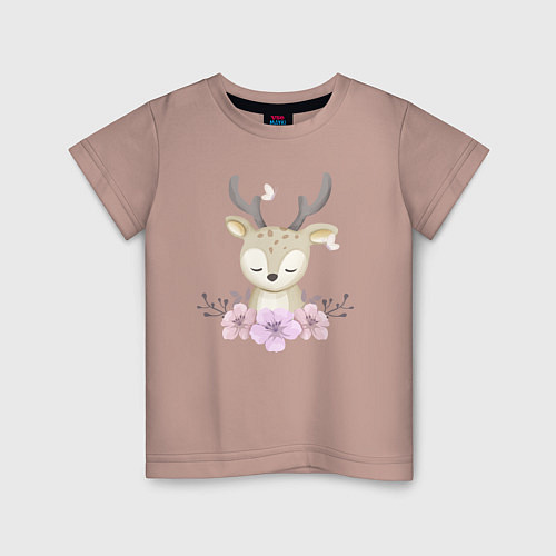 Детская футболка Милый Оленёнок С Цветочками / Пыльно-розовый – фото 1