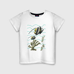 Футболка хлопковая детская Морская тематика Рыбки Морские обитатели Коралл,во, цвет: белый
