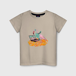 Футболка хлопковая детская Осенний фламинго с ноутбуком, мечты о лете, цвет: миндальный