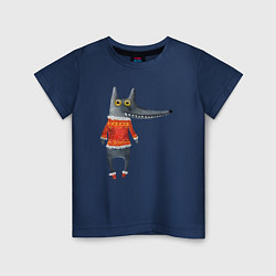 Футболка хлопковая детская Серый волк в оранжевом свитере, цвет: тёмно-синий