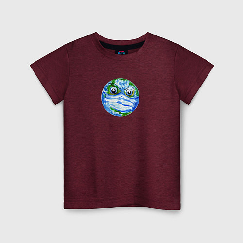 Детская футболка Злая планета Земля в маске рисунок / Меланж-бордовый – фото 1