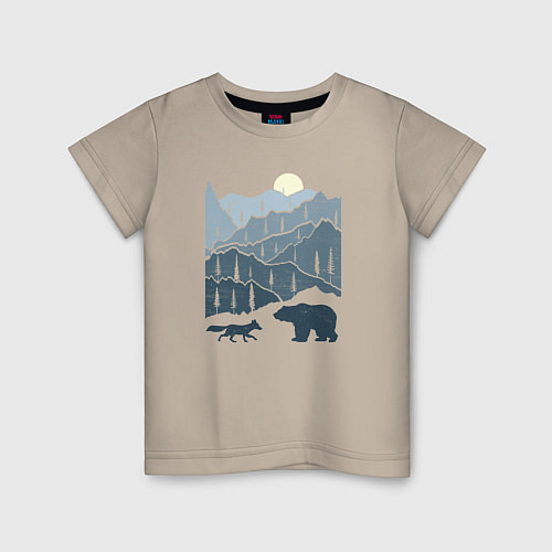 Детская футболка Лиса и медведь в горах / Миндальный – фото 1