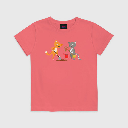 Детская футболка Кошечки сажают дерево / Коралловый – фото 1
