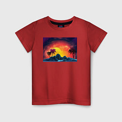 Футболка хлопковая детская Пляж и пальмы абстрактный ретро дизайн, цвет: красный