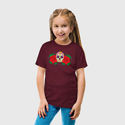 Футболка хлопковая детская Мексиканский череп и розы, цвет: меланж-бордовый — фото 2