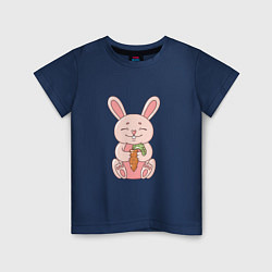 Футболка хлопковая детская Милый, розовый зайчик с морковкой, цвет: тёмно-синий