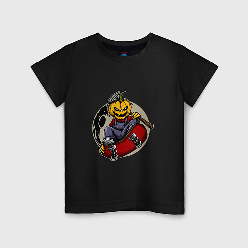 Детская футболка Тыква - жнец на скейте / Черный – фото 1