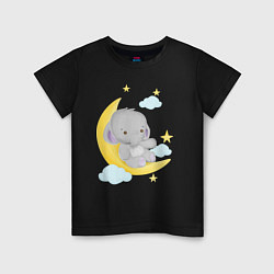 Футболка хлопковая детская Милый слонёнок сидит на месяце среди звёзд, цвет: черный