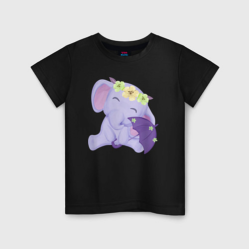 Детская футболка Милый слонёнок с зонтиком / Черный – фото 1