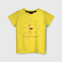 Футболка хлопковая детская Розовый фламинго и розовые снежинки: скоро лето, цвет: желтый