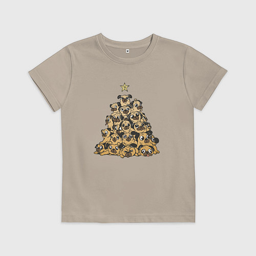 Детская футболка Новогодняя елка из мопсов / Миндальный – фото 1