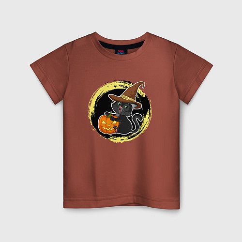 Детская футболка Черный кот с тыквой Хэллоуин / Кирпичный – фото 1