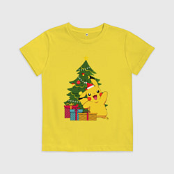 Футболка хлопковая детская Новогодний Пикачу и елка, цвет: желтый