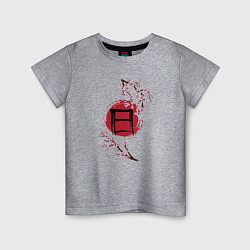 Футболка хлопковая детская Цветущая сакура и красный круг с японским иероглиф, цвет: меланж