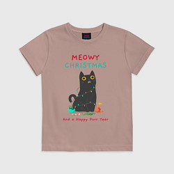 Футболка хлопковая детская Meowy Christmas and a happy purr year, цвет: пыльно-розовый