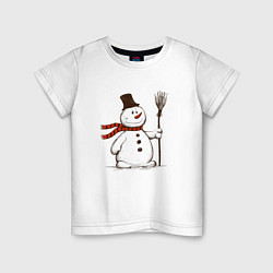 Футболка хлопковая детская Новогодний снеговик с метлой, цвет: белый