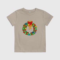 Футболка хлопковая детская Новогодний мультяшный венок, цвет: миндальный