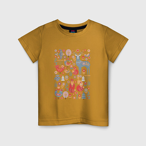 Детская футболка Животные, птицы, растения в скандинавском стиле / Горчичный – фото 1