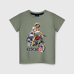 Футболка хлопковая детская Красивая девушка на мотоцикле Ducati - retro, цвет: авокадо