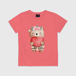 Футболка хлопковая детская Мишка с сердечком, цвет: коралловый