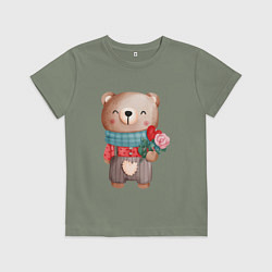 Футболка хлопковая детская Мишка с розочкой, цвет: авокадо