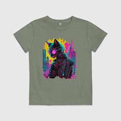 Футболка хлопковая детская Киберпанк кот в очках, цвет: авокадо