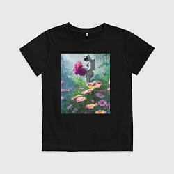 Футболка хлопковая детская Космонавт на цветочной планете, цвет: черный
