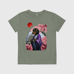 Футболка хлопковая детская Такса-Самурай весенняя на фоне сакуры, цвет: авокадо