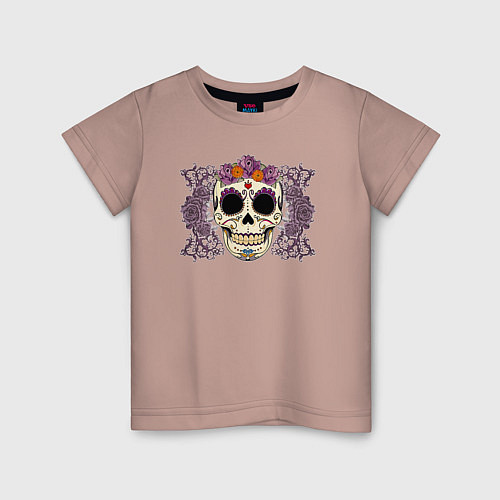 Детская футболка Мексиканский череп и фиолетовый розы / Пыльно-розовый – фото 1