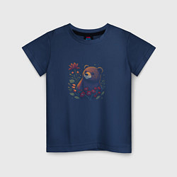 Футболка хлопковая детская Медведь и цветы, цвет: тёмно-синий