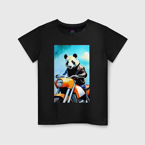Детская футболка Панда крутой байкер - нейросеть / Черный – фото 1