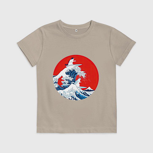 Детская футболка Японская волна с котами / Миндальный – фото 1