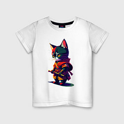Футболка хлопковая детская Котёнок самурай - нейросеть, цвет: белый