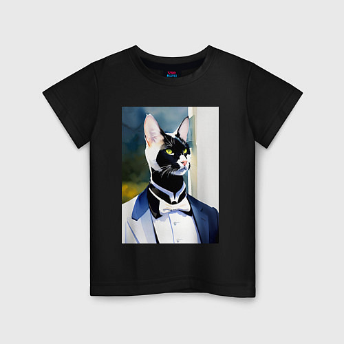 Детская футболка Кот-джентльмен - мем - нейросеть - акварель / Черный – фото 1