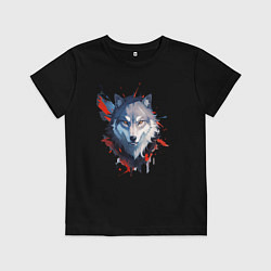 Футболка хлопковая детская Голова волка - рисунок с пятнами краски, цвет: черный