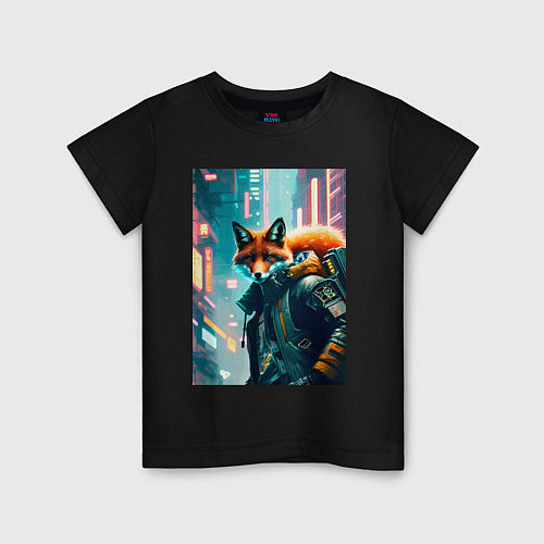 Детская футболка Лисица в большом городе - киберпанк / Черный – фото 1