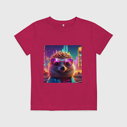 Футболка хлопковая детская Ежик в неоновых очках и куртке, цвет: маджента