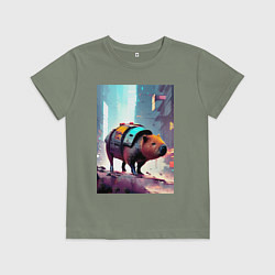 Футболка хлопковая детская Капибара в мегаполисе - киберпанк, цвет: авокадо