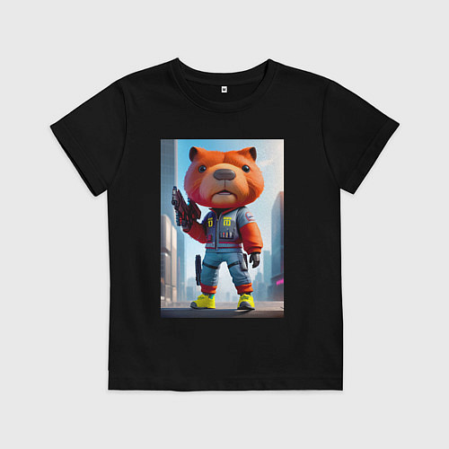 Детская футболка Крутой кроха капибара - киберпанк - нейросеть / Черный – фото 1