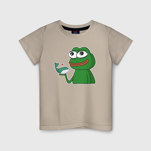 Детская футболка Лягушонок Пепе держит китёнка / Миндальный – фото 1