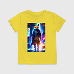 Футболка хлопковая детская Лис - хозяин ночного города - неон, цвет: желтый