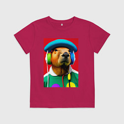 Футболка хлопковая детская Капибара в наушниках и шляпе - нейросеть, цвет: маджента