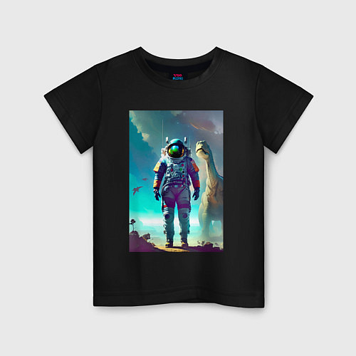 Детская футболка Космонавт на планете динозавров - нейросеть / Черный – фото 1