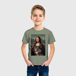 Футболка хлопковая детская Мона Лиза с котиком, цвет: авокадо — фото 2
