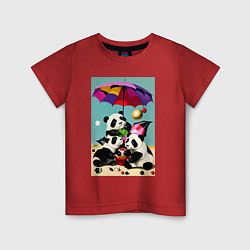 Футболка хлопковая детская Три панды под цветным зонтиком, цвет: красный