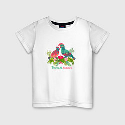 Футболка хлопковая детская Влюбленные попугаи среди тропических листьев, цвет: белый