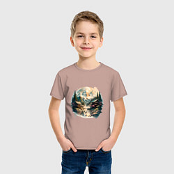 Футболка хлопковая детская Японские дома на фоне гор в стиле моротай, цвет: пыльно-розовый — фото 2