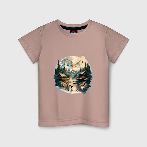 Детская футболка Японские дома на фоне гор в стиле моротай / Пыльно-розовый – фото 1